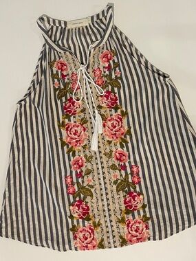 SWEET JANE Striped Halter Tank with Pink Floral Embroidery • Medium